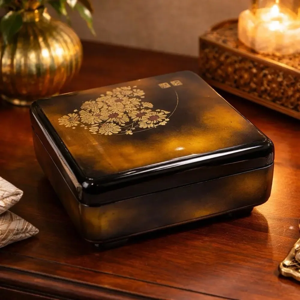 Vintage Japanese Lacquer Jewelry Writing Box Gold Floral MCM Chinoiserie Decor